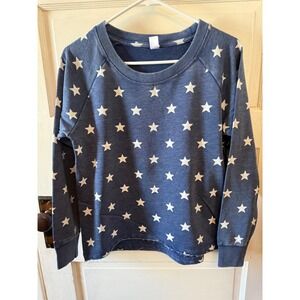 Alternative Apparel Womens Blue Star Print Raglan Sweatshirt size Small Raw Hem